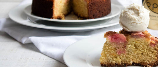 Rhubarb, Orange & Almond Cake Slice With Scoops Of Oppo Ice Cream