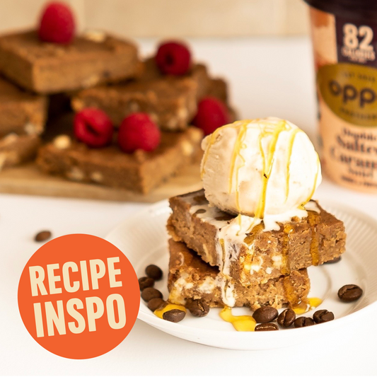Chickpea Coffee Blondies With A Scoop Of Oppo Brothers Double Salted Caramel Swirl Ice Cream On Top