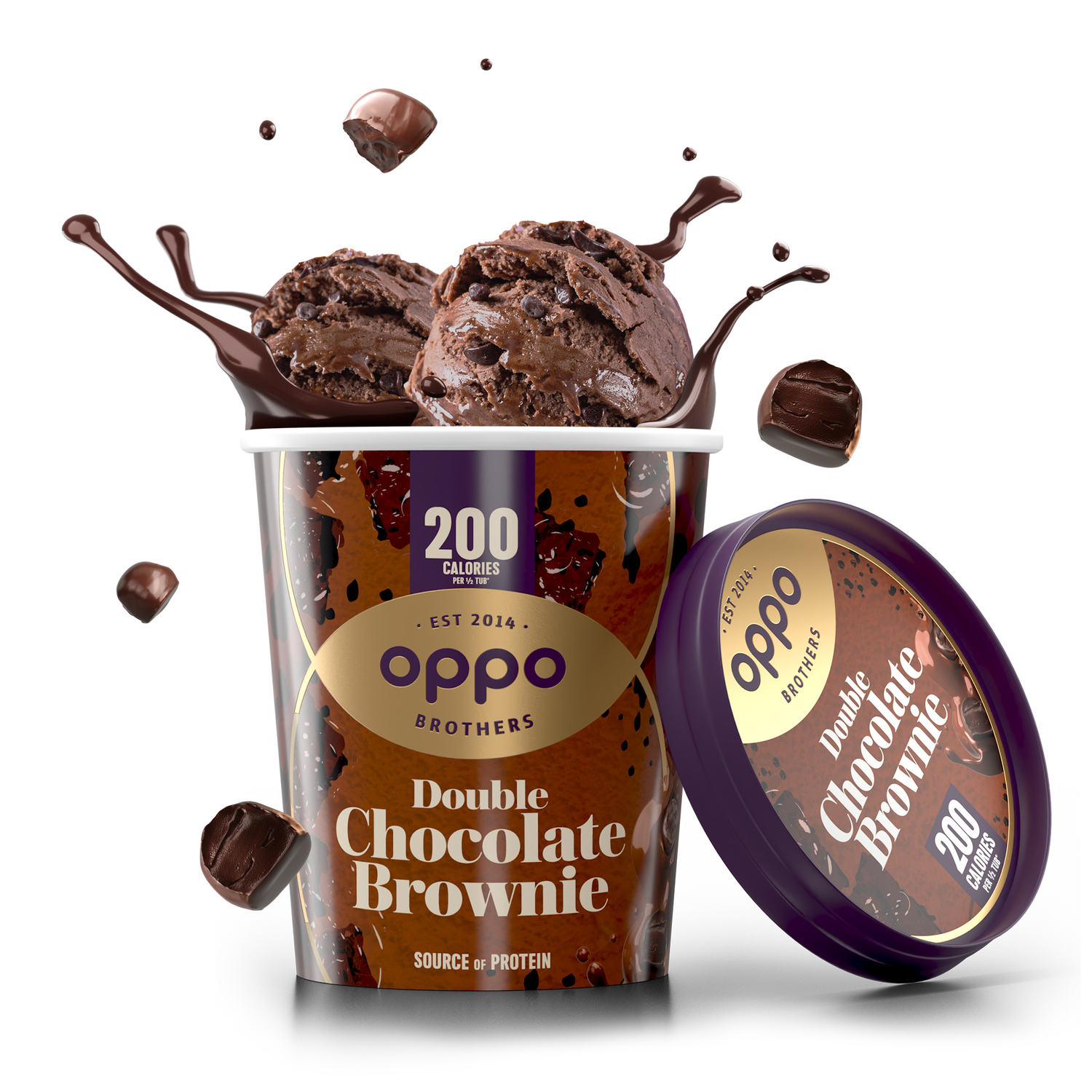 Double Chocolate Brownie Ice Cream Tub With Scoops On Top And Lid On Side